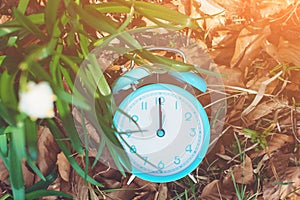 Classic alarm clock at nature background, top view. Daylight saving time reminder. Spring time change background