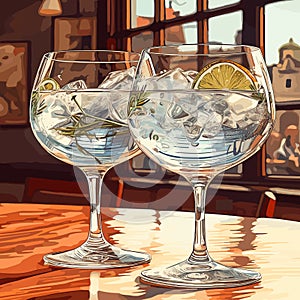 Classic alcoholic cocktail gin and tonic in two glasses. Refreshing drink with lime orange and ice. Vector