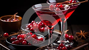Classic Alcoholic cocktail Served in a Martini Glass and Cherries on Table Selective Focuse Background