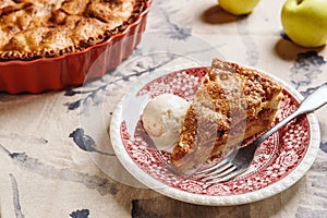 Classic American apple pie served with ice cream