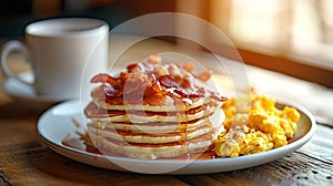 Classic American breakfast with pancakes and bacon. Generative AI