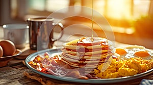 Classic American breakfast with pancakes and bacon. Generative AI