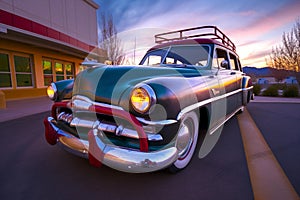 Classic American Car at Colorful Motel during Sunset