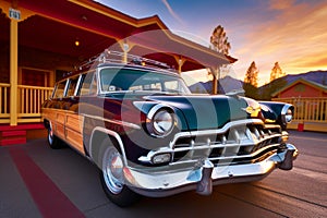 Classic American Car at Colorful Motel during Sunset
