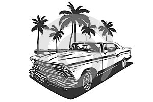 Classic american car style. Vintage vehicle vector illustration. Modern print design of retro machine