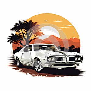 Classic American Car In Sunset Vector With White Silhouette