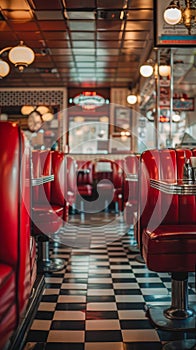 Classic American diner showcasing shiny red booths and a traditional checkered floor with a welcoming ambiance suitable