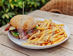 Classic American dish of cheeseburger with fries