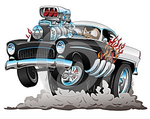 Classic American Fifties Style Hot Rod Funny Car Cartoon with Big Engine, Flames, Vector Illustration