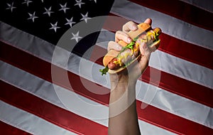 Classic american hot dog in hand on american flag background