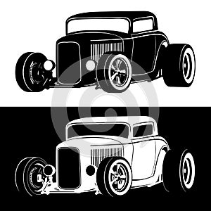 Classic American Hot Rod car isolated vector illustration in both black on white and white on black versions