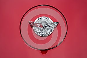 Classic American logo of Chevrolet Corvette at a car show