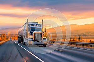 Classic American long-nose semitruck on a highway