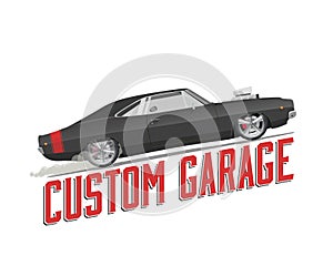 Classic american muscle car isolated illustration with custom garage caption on white background. Custom car. Black car burnout.