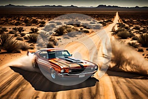 A classic American muscle car speeding down an empty desert highway, leaving a trail of dust in its wake