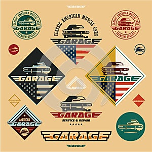 Classic American muscle cars garage vintage style labels and badges, muscle car icon