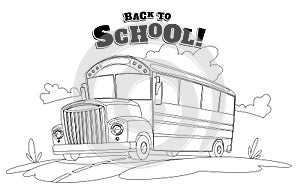 Classic american old school bus. Back to school. Ride on road. Free travel. Vector school banner. Sketch style