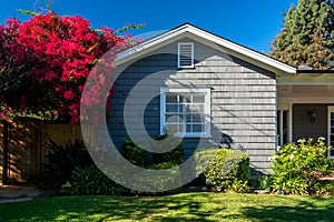 Classic American suburban house with a bright and vibrant flower garden in the front yard