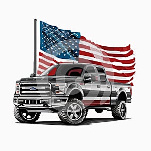 Classic american truck. Isolated vehicle with USA flag on white background.