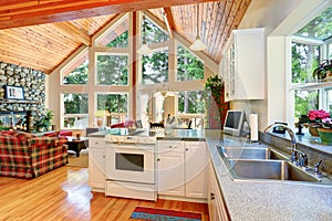 Classic American white kitchen interior with granite counter to