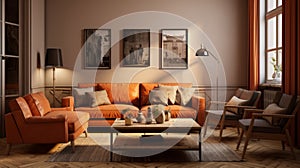 Classic Americana Interior Design With Rust Sofa And Vintage Imagery