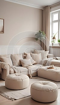 A classic apartment with a beige corner sofa and poufs