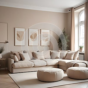 A classic apartment with a beige corner sofa and poufs