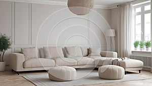 A classic apartment with a beige corner sofa and poufs