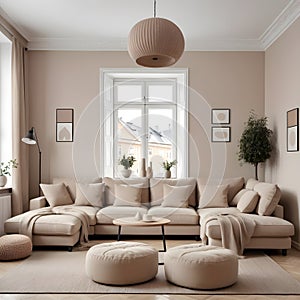 A classic apartment with a beige corner sofa and poufs photo