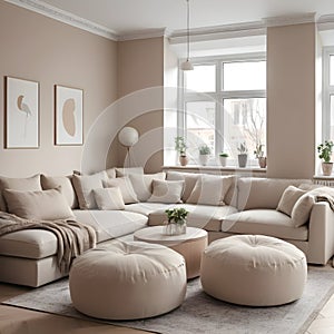 A classic apartment with a beige corner sofa and poufs photo
