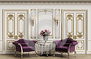 Classic armchairs in classic interior with copy space