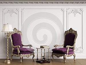 Classic armchairs in classic interior with copy space