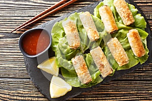 Classic Asian starter chicken nems or Cha gio closeup on the plate. Horizontal top view