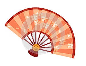 Classic asian style wooden hand fan with colorful drawing pattern vector illustration isolated on white background