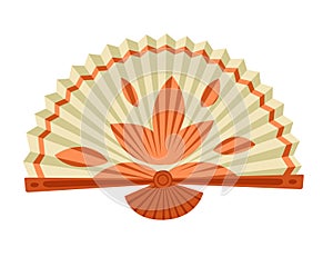 Classic asian style wooden hand fan with colorful drawing pattern vector illustration isolated on white background