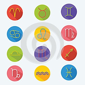 Classic astrological zodiac signs. Vector set. Icons in flat style with long shadow