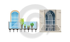 Classic Balcony Windows Colllection, House Facade Design Elements Vector Illustration