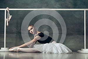 The classic ballerina posing at ballet barre