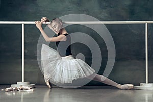 The classic ballerina posing at ballet barre