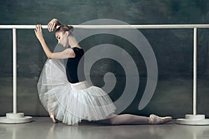 The classic ballerina posing at ballet barre