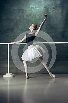 The classic ballerina posing at ballet barre