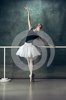 The classic ballerina posing at ballet barre