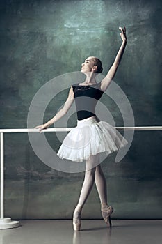 The classic ballerina posing at ballet barre