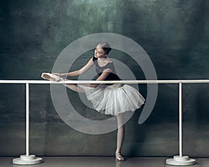 The classic ballerina posing at ballet barre