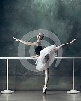 The classic ballerina posing at ballet barre