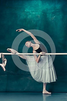 The classic ballerina posing at ballet barre