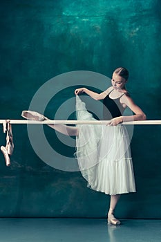 The classic ballerina posing at ballet barre