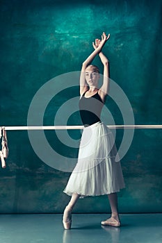 The classic ballerina posing at ballet barre