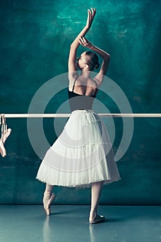 The classic ballerina posing at ballet barre