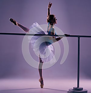 Classic ballerina posing at ballet barre